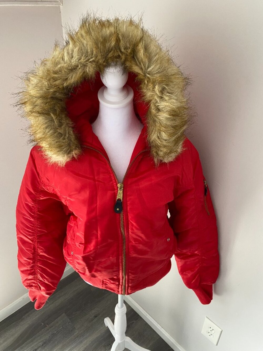 Red Puffer Jacket with Fur Trimmed Hood